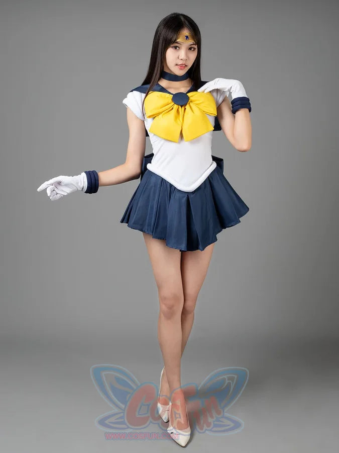 COSFUN Sailor Uranus Tenoh Haruka cosplay costume sets a yellow bow over navy pleats and a white bodice