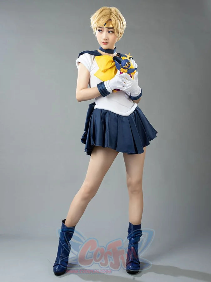 Sailor Uranus Tenoh Haruka cosplay costume full front view balances the yellow bow over navy pleats
