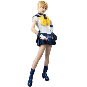 COSFUN Sailor Uranus Tenoh Haruka cosplay costume sets a yellow bow over navy pleats and a white bodice