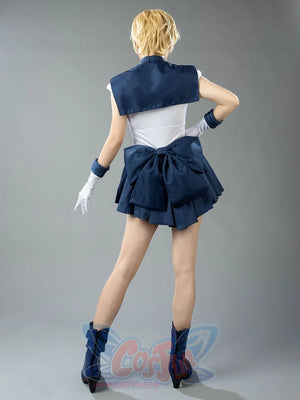 Sailor Uranus Tenoh Haruka cosplay costume back view highlights the navy waist bow above pleated folds