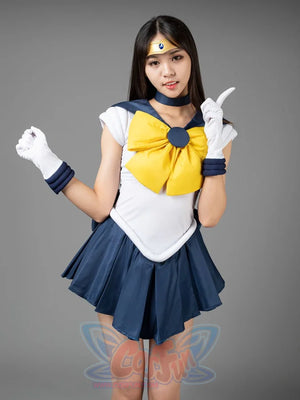 Sailor Uranus Tenoh Haruka cosplay costume upper view draws the yellow bow into the navy collar line