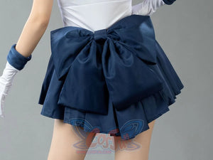 Back detail of the Sailor Uranus Tenoh Haruka cosplay costume layers a navy bow over pleated skirt panels