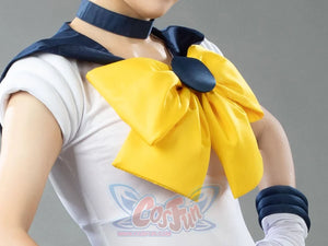 Close-up of the Sailor Uranus Tenoh Haruka cosplay costume bow, yellow fabric framed by navy trim