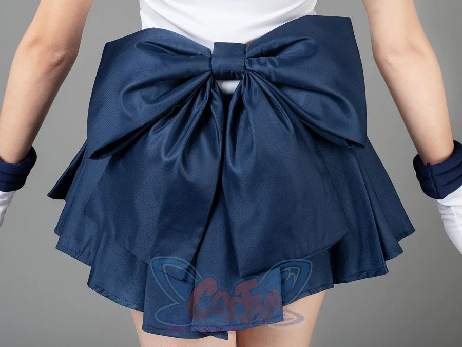 Close-up of the Sailor Uranus Tenoh Haruka cosplay costume waist bow layered over the navy skirt