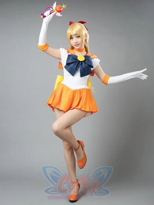 Sailor Venus Aino Minako cosplay costume action pose lets the orange skirt fan beneath the sailor bodice
