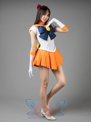 Sailor Venus Aino Minako cosplay costume angled pose is framed by white gloves and orange skirt folds