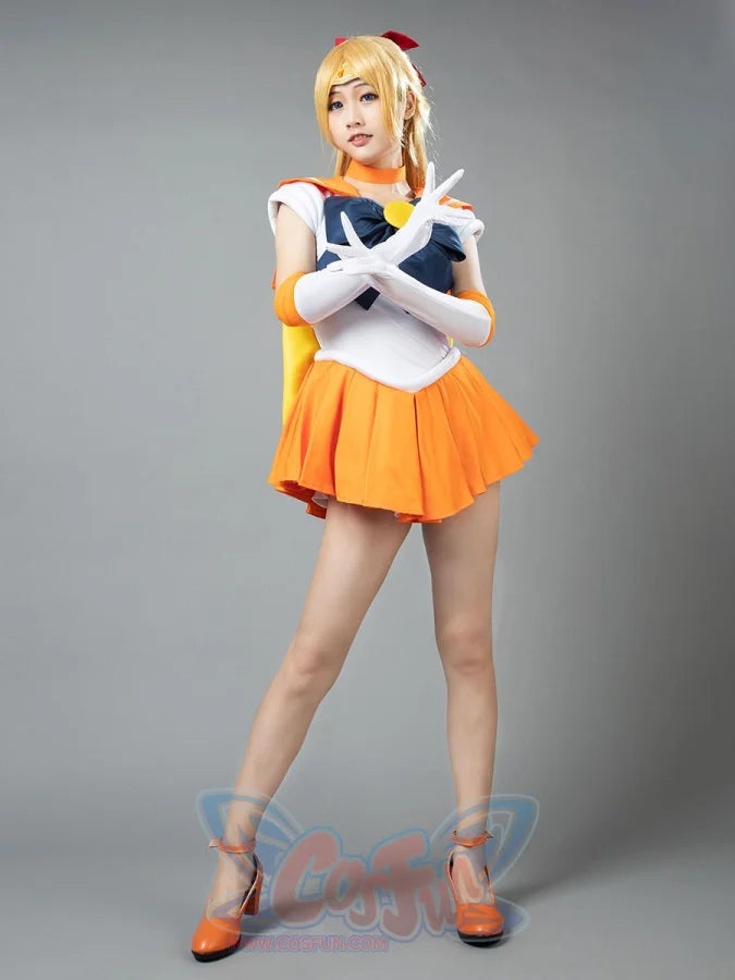 Sailor Venus Aino Minako cosplay costume full front view sets a navy chest bow above orange pleats