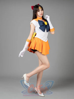 Sailor Venus Aino Minako cosplay costume side pose sets the sailor collar against orange skirt layers