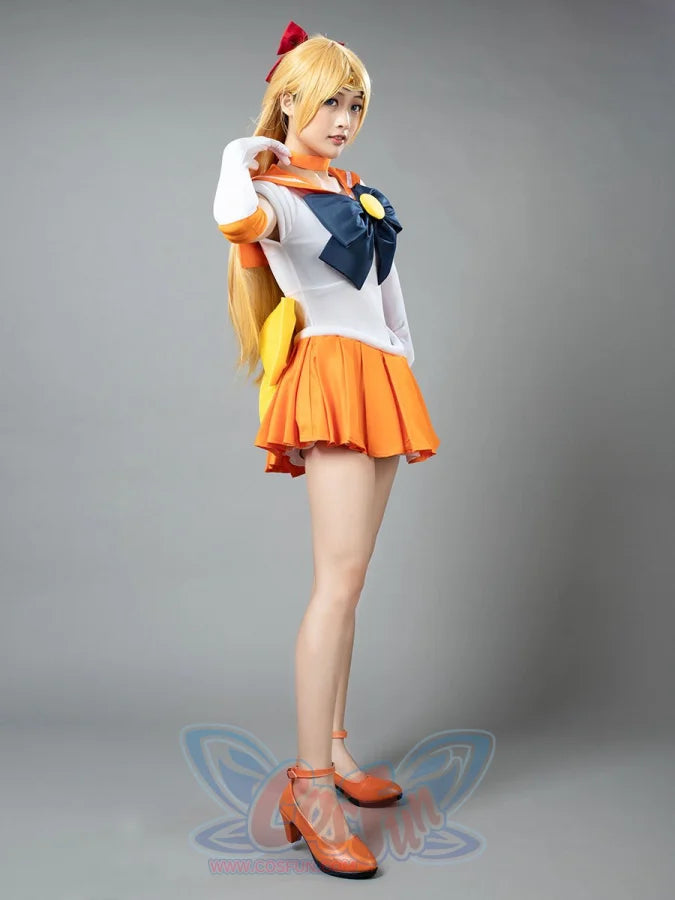 Sailor Venus Aino Minako cosplay costume side view lets the orange skirt flare below the sailor bodice