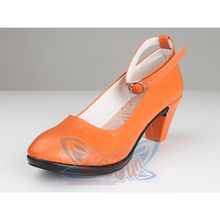 Sailor Venus Aino Minako cosplay shoe angled view frames the orange toe and ankle strap