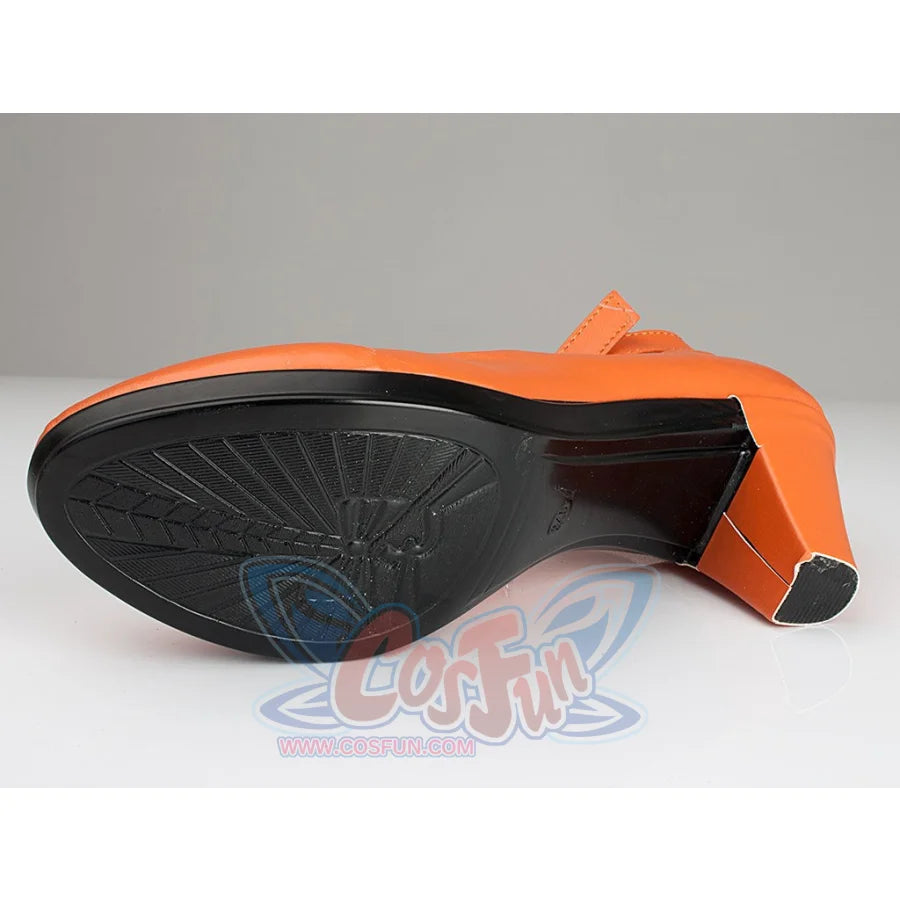 Sailor Venus Aino Minako cosplay shoe sole view reveals black tread beneath the orange upper
