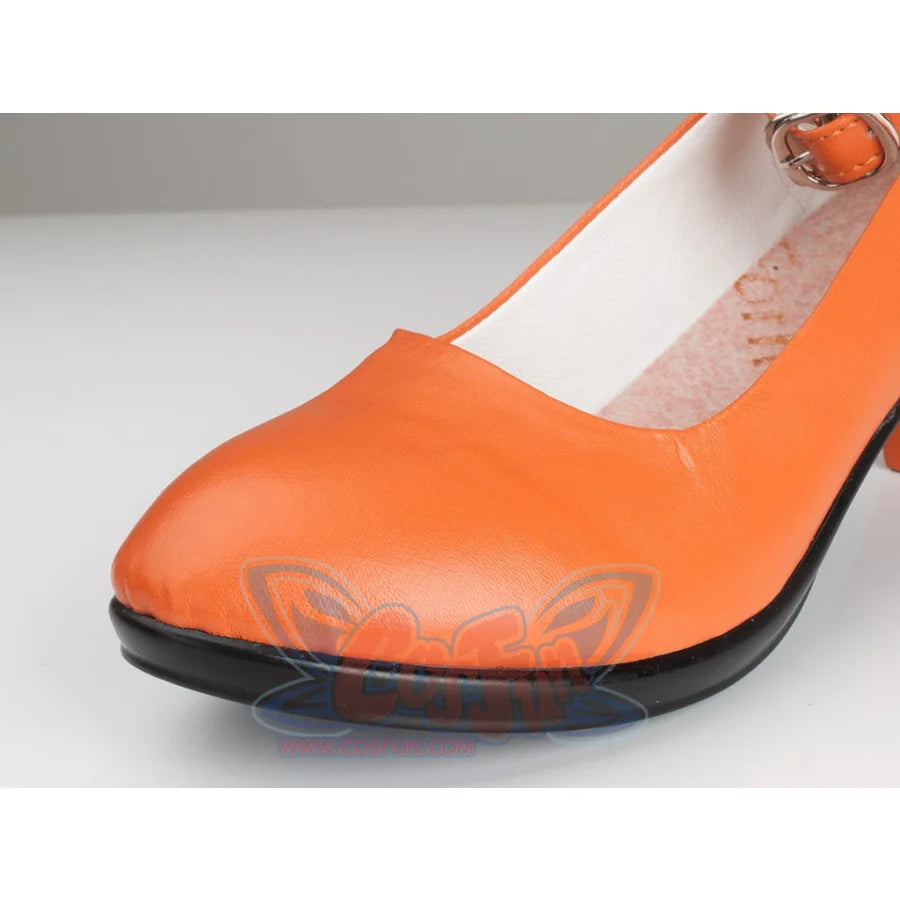 Sailor Venus Aino Minako cosplay shoe toe detail focuses on orange faux leather and black sole