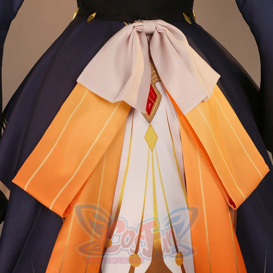 Back waist detail of Sandrone cosplay costume with pale bow, orange panels, red jewel, and white hanging strip
