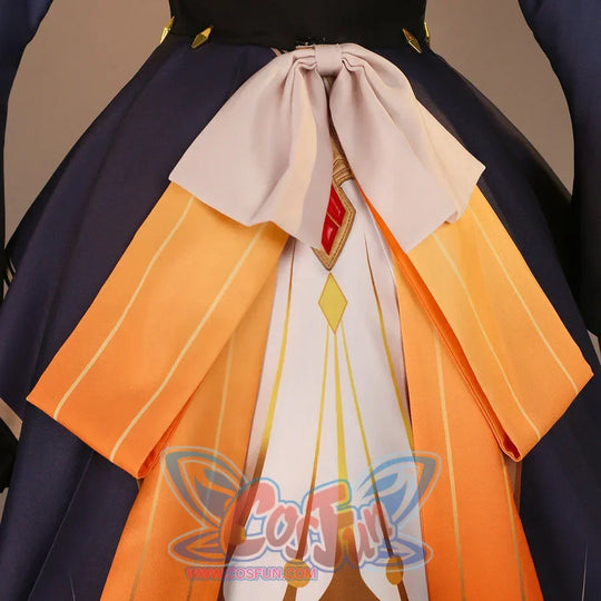 Back waist detail of Sandrone cosplay costume with pale bow, orange panels, red jewel, and white hanging strip