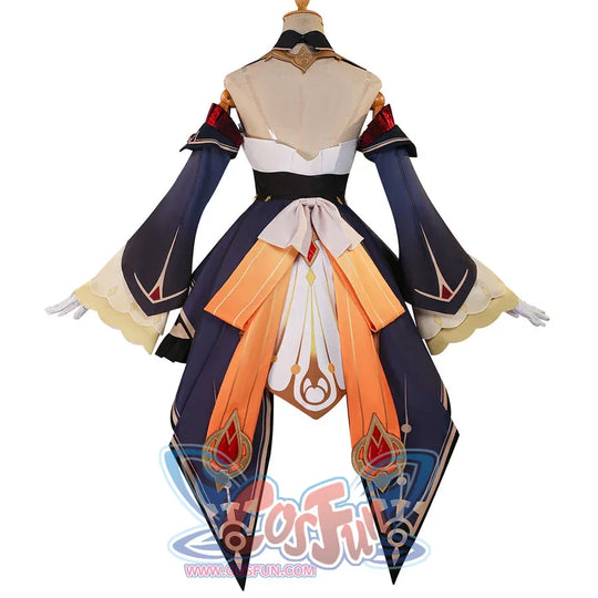Back full view of Sandrone cosplay costume with navy sleeves, white skirt, black waist, bow ties, and orange panels