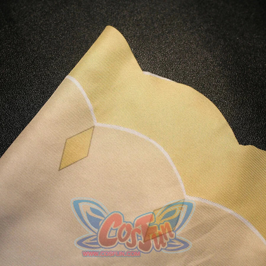 Fabric close-up of Sandrone cosplay costume beige panel with white line pattern and small gold diamond accent