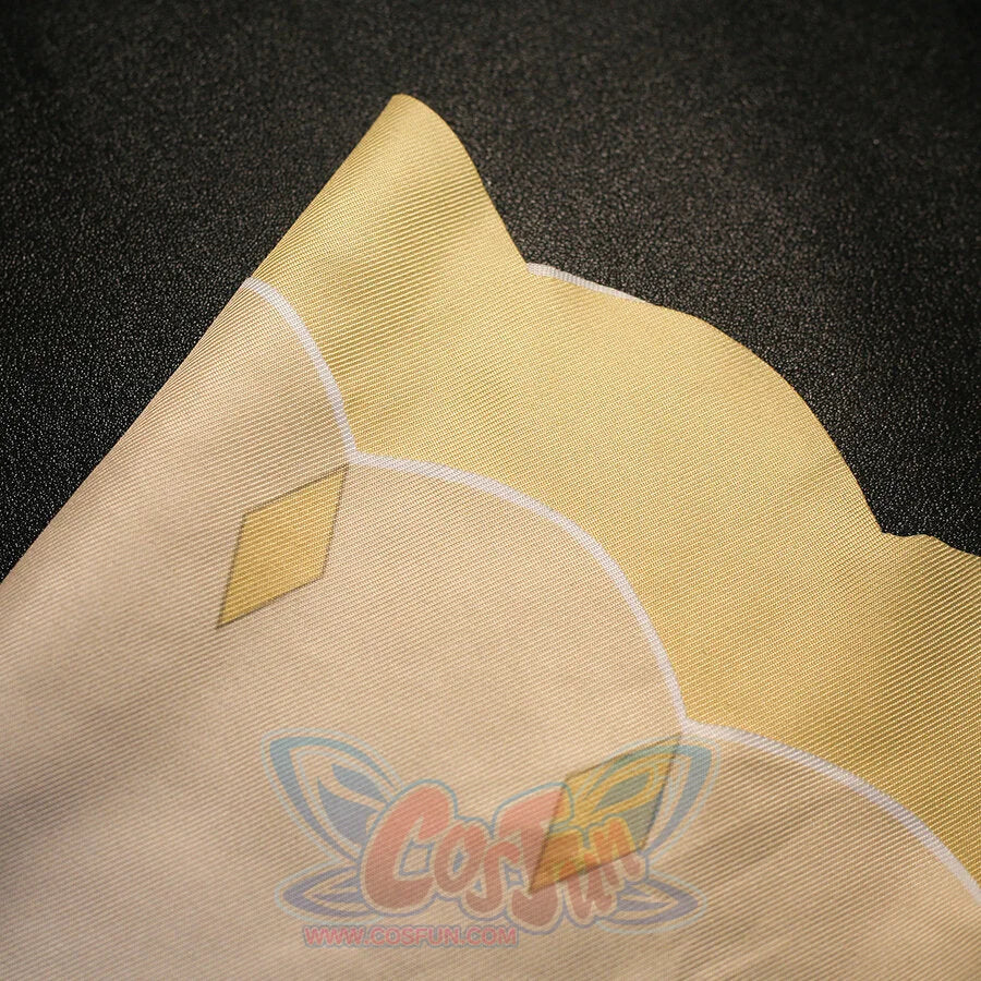 Fabric close-up of Sandrone cosplay costume beige panel with white line pattern and small gold diamond accent