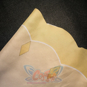 Fabric close-up of Sandrone cosplay costume beige panel with white line pattern and small gold diamond accent