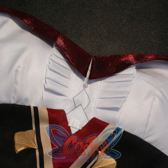 Chest detail of Sandrone cosplay costume with white pleated front, burgundy straps, beige trim, and black waist panel