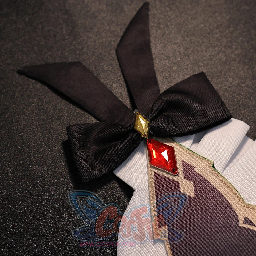 Bow detail of Sandrone cosplay costume with black ribbon, red gem, white fabric panel, and beige patterned trim