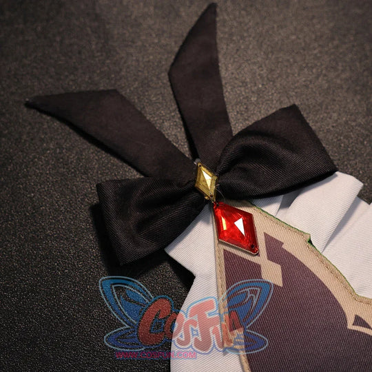 Bow detail of Sandrone cosplay costume with black ribbon, red gem, white fabric panel, and beige patterned trim