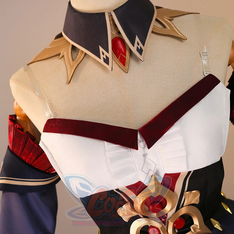 Collar and bust detail of Sandrone cosplay costume with navy collar, red gem, burgundy straps, and white bodice