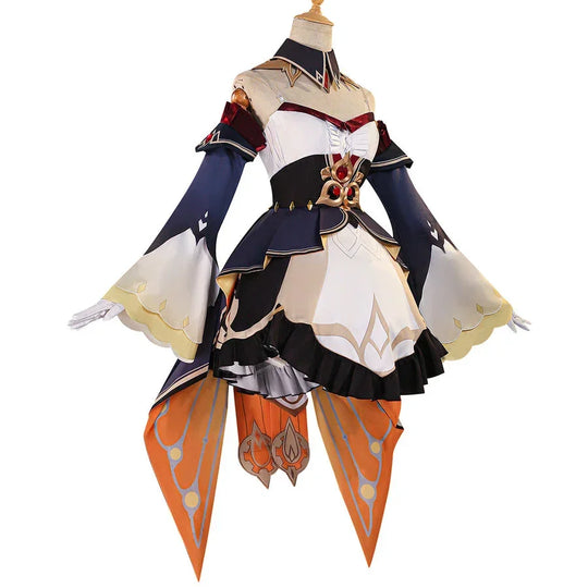 Front full view of Sandrone cosplay costume with navy sleeves, white skirt, red straps, gold accents, and orange panels