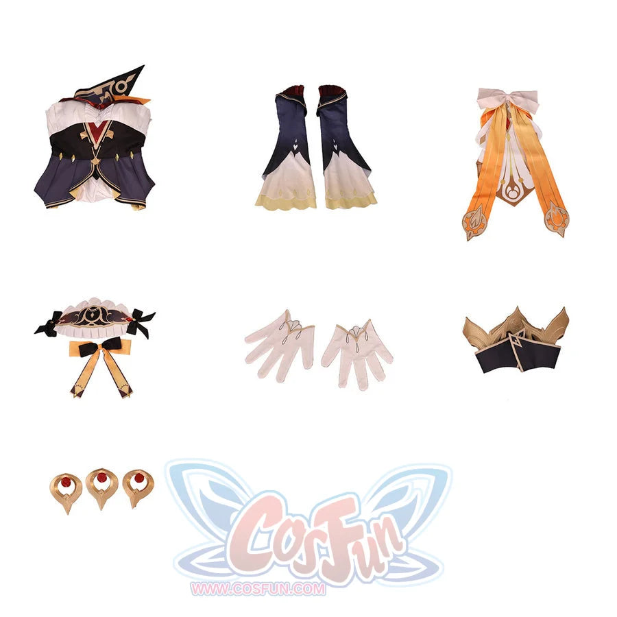 Flat lay of Sandrone cosplay costume full set with bodice, skirt, sleeves, gloves, back bow, and gold ornaments