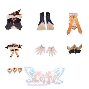 Flat lay of Sandrone cosplay costume full set with bodice, skirt, sleeves, gloves, back bow, and gold ornaments