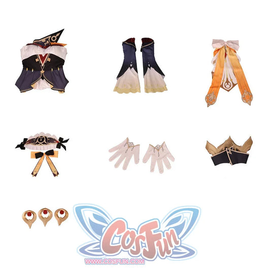 Flat lay of Sandrone cosplay costume full set with bodice, skirt, sleeves, gloves, back bow, and gold ornaments