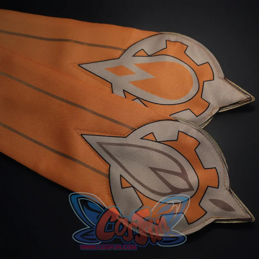 Orange hem detail of Sandrone cosplay costume with gray printed symbols, dark outlines, and pointed panel tips