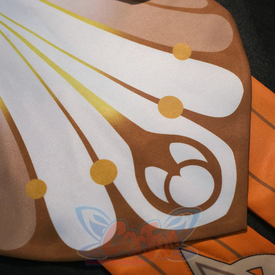 Orange panel detail of Sandrone cosplay costume with white and gold printed motif, dark edge, and layered hem