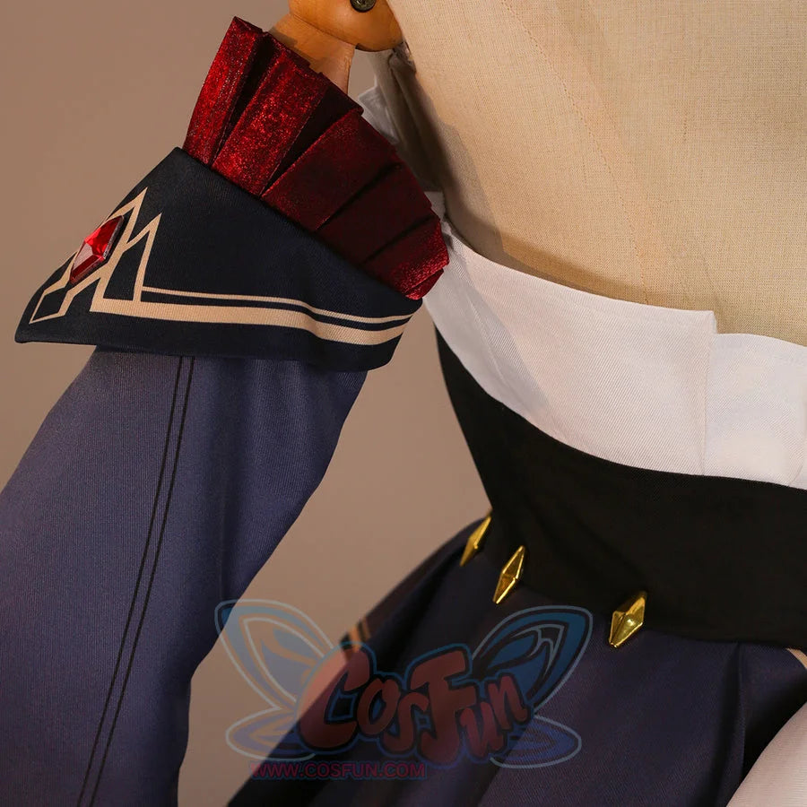 Shoulder sleeve detail of Sandrone cosplay costume with navy sleeve, red shoulder band, beige trim, and black panel
