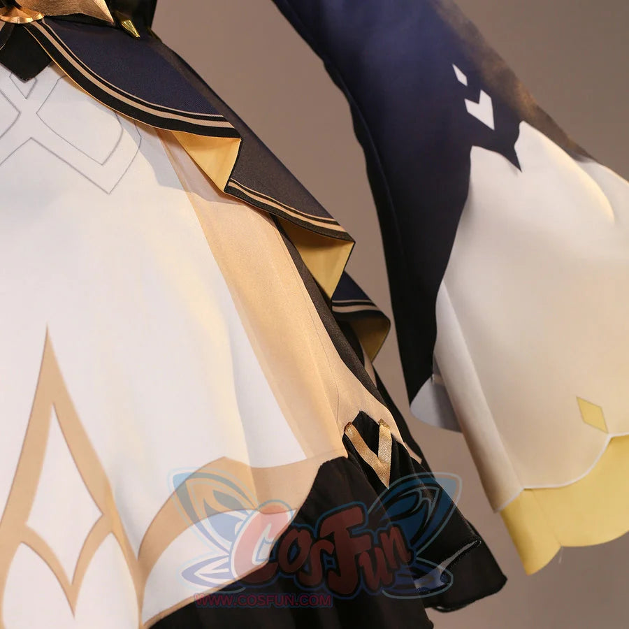 Side skirt detail of Sandrone cosplay costume with navy sleeve, white skirt, beige trim, and gold accent shapes