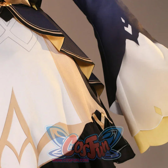 Side skirt detail of Sandrone cosplay costume with navy sleeve, white skirt, beige trim, and gold accent shapes