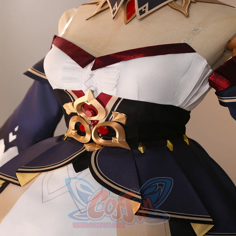 Front waist detail of Sandrone cosplay costume with white bust, black waist panel, red gems, and gold ornament