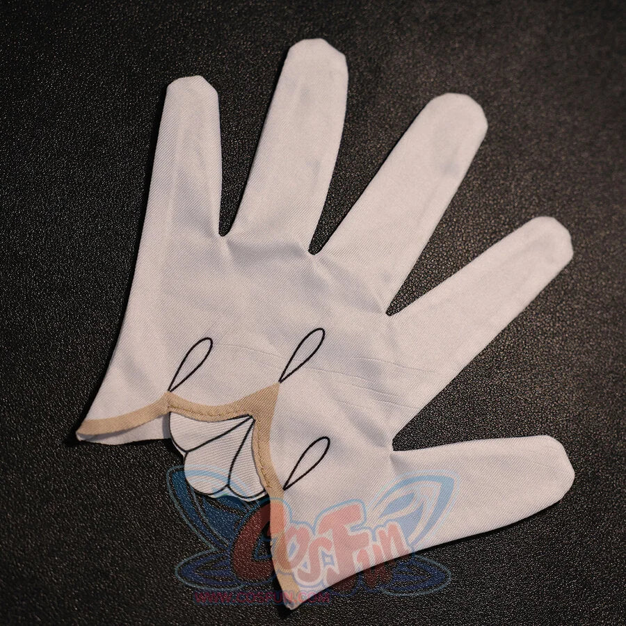 Flat lay of Sandrone cosplay costume white gloves with beige cuffs, black finger markings, and gold trim