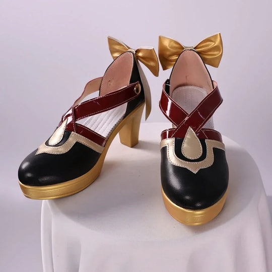 Front view of Sandrone cosplay shoes with black toes, burgundy cross straps, gold trim, platform heels, and large back bows