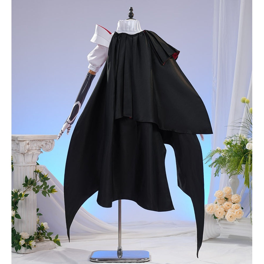 Sapphire cosplay costume layers a black capelet over a white top with a matching sleeve and glove for a complete look.