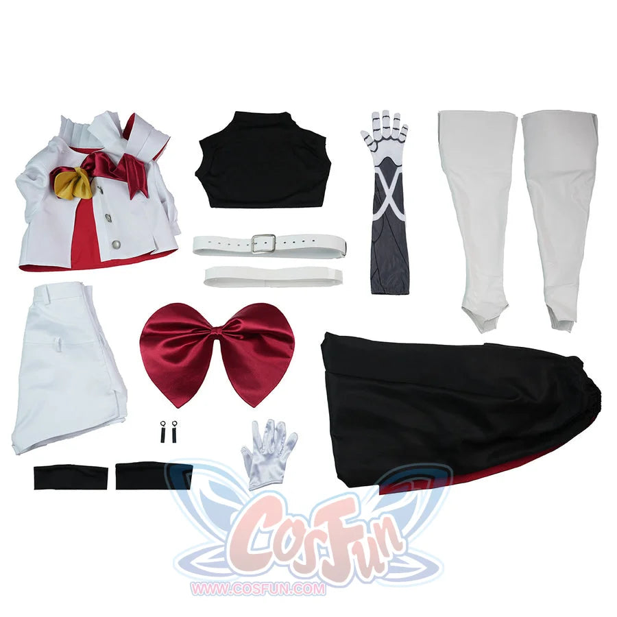 Sapphire cosplay costume sets various uniform cloth garments including the capelet and pants alongside belts and shoe covers.