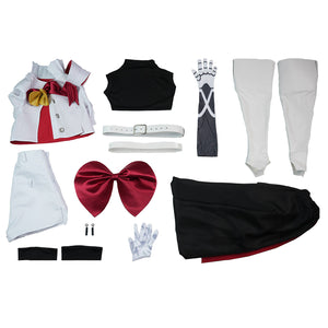 Sapphire cosplay costume sets various uniform cloth garments including the capelet and pants alongside belts and shoe covers.
