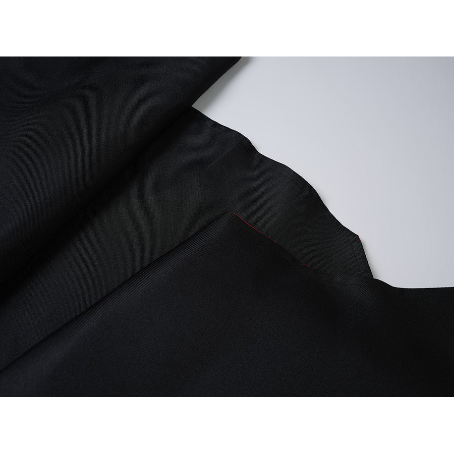Sapphire cosplay costume layers smooth black uniform cloth with fine woven texture and thin red edge piping trim details.