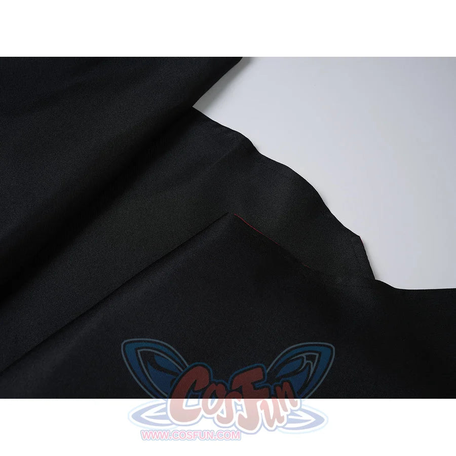 Sapphire cosplay costume layers smooth black uniform cloth with fine woven texture and thin red edge piping trim details.