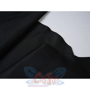 Sapphire cosplay costume layers smooth black uniform cloth with fine woven texture and thin red edge piping trim details.