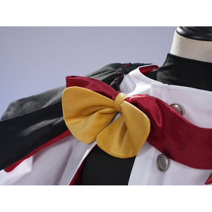 Sapphire cosplay costume centers a bright yellow velvet bow against the white jacket and dark capelet fabric layers.
