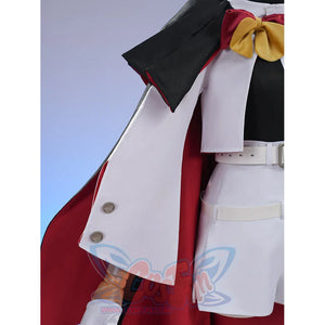 Sapphire cosplay costume layers a black red-lined capelet over a white jacket and matching shorts with a waist belt.
