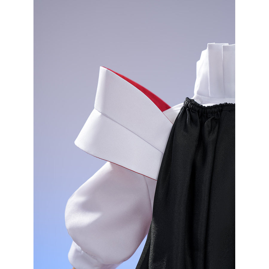 Sapphire cosplay costume frames the white shoulder capelet with red interior lining and black fabric gathered elements.
