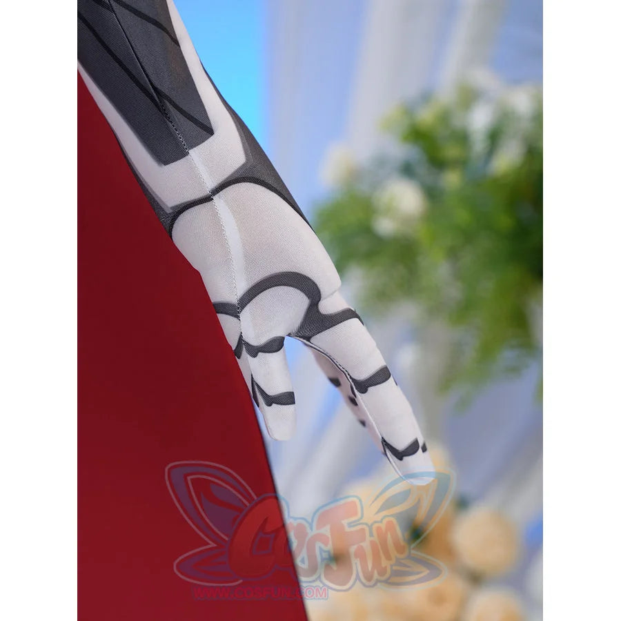 Sapphire cosplay costume layers patterned fabric on the printed sleeve glove against the vibrant red capelet material.
