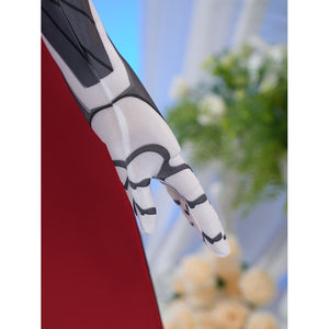 Sapphire cosplay costume layers patterned fabric on the printed sleeve glove against the vibrant red capelet material.