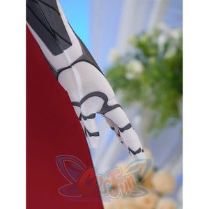 Sapphire cosplay costume layers patterned fabric on the printed sleeve glove against the vibrant red capelet material.